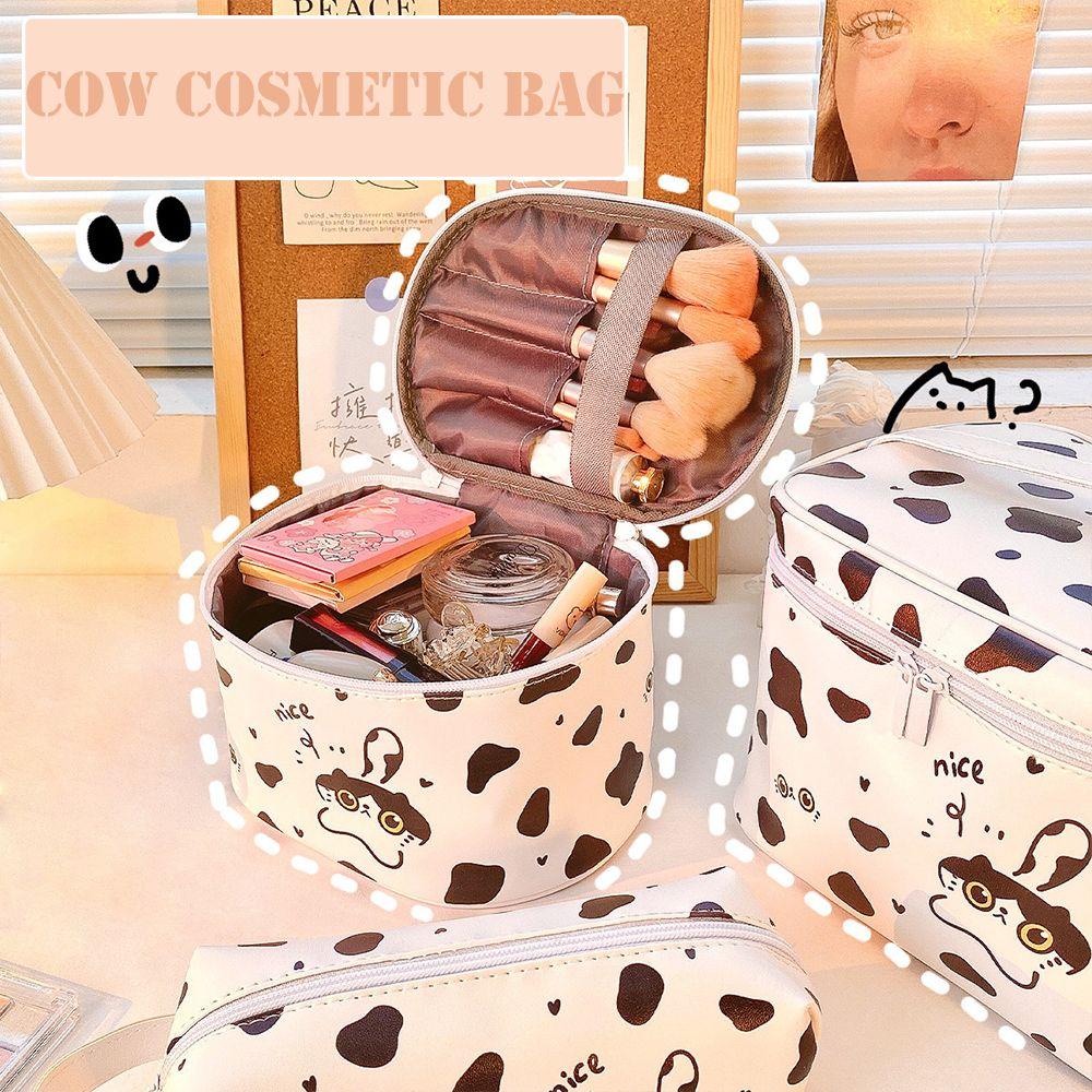 Túi Đựng Mỹ Phẩm Da PU Họa Tiết Bò Sữa Hoạt Hình Chống Thấm Nước