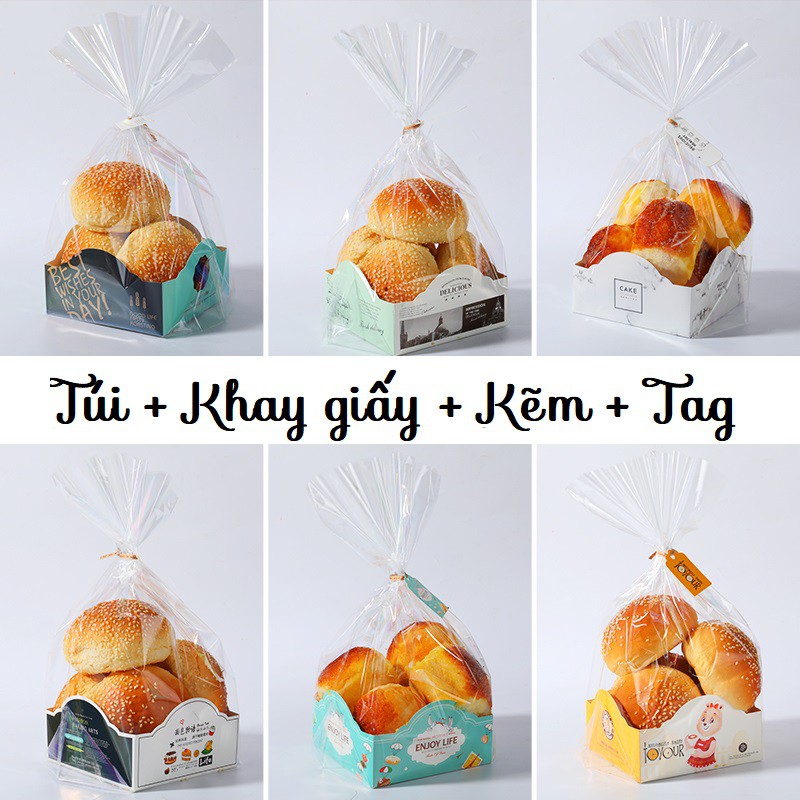 Túi Nilon Kèm Khay Giấy & Kẽm Đựng Bánh Mì Ngọt, Bánh Quy ~ Đáy 12cm