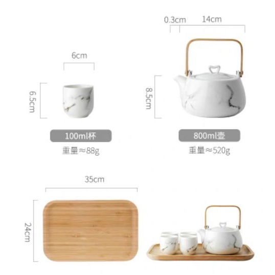 [CAO CẤP] Bộ ấm chén gốm sứ uống trà kèm khay phong cách Nhật Bản cẩm thạch Sang trọng