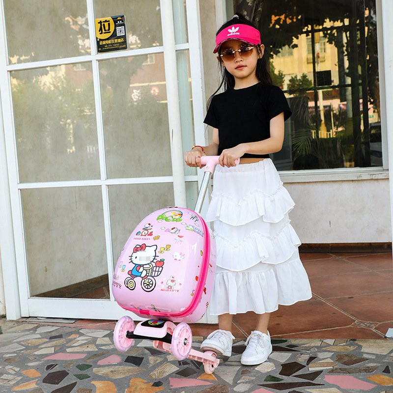 Vali kéo cho bé kèm xe trượt scooter, vali cho bé size 16inch nhựa cao cấp màu xanh hồng