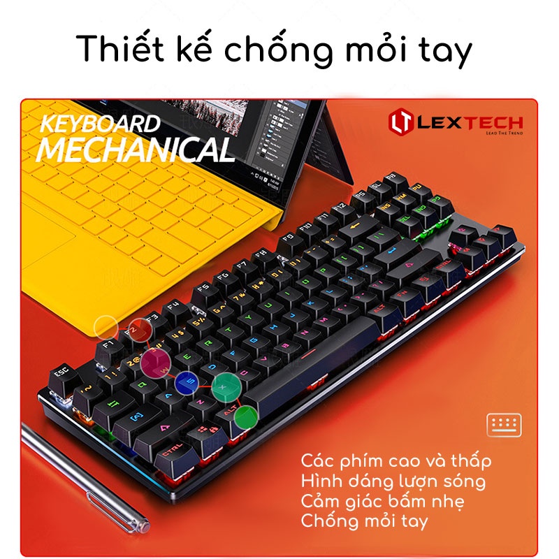 Bàn phím cơ gaming LexTech chơi game máy tính LED 9 chế độ 87 phím cơ chống mỏi tay chuyên cho game thủ