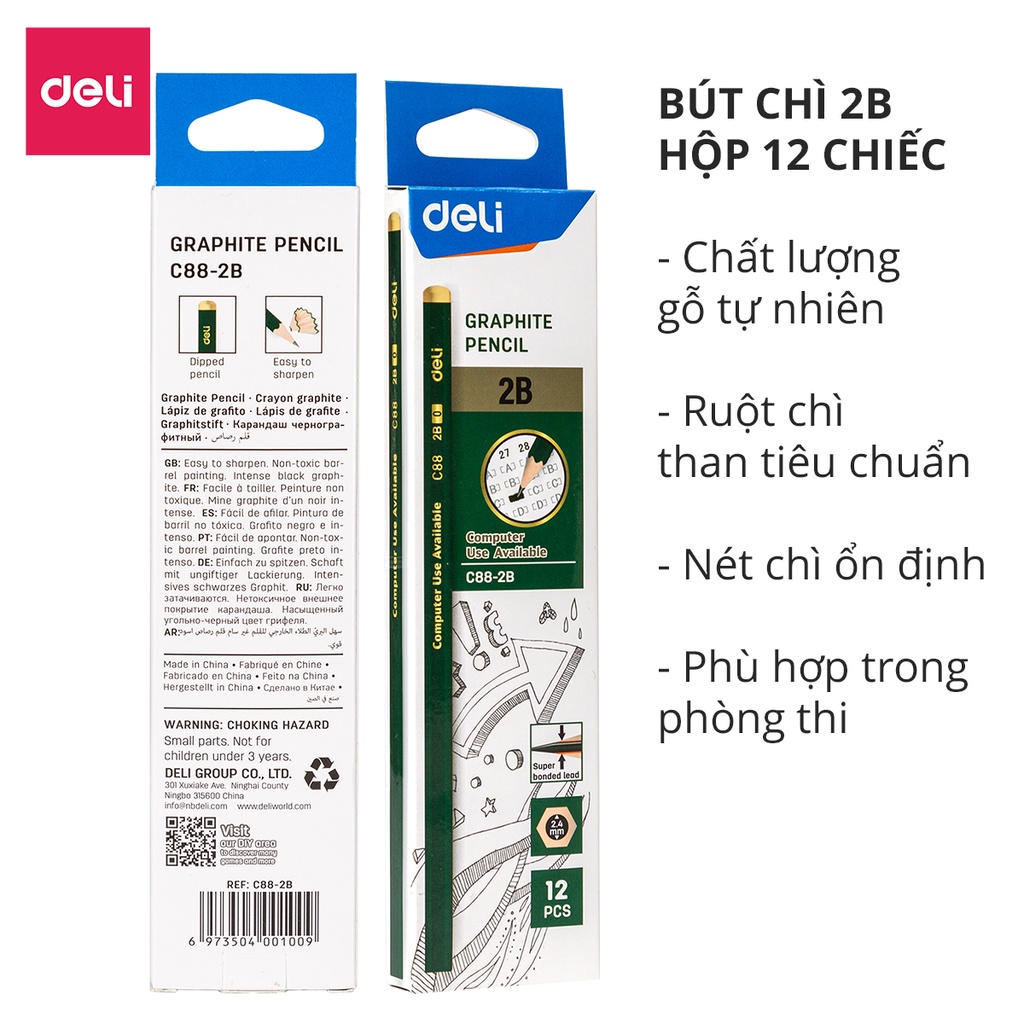 Bộ 12 bút chì gỗ học sinh Deli - phù hợp với dùng trong thi cử, quét máy chấm thi sử dụng trong trường học, văn phòng