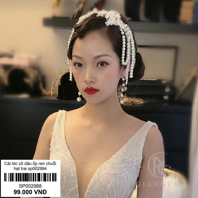 Cài tóc cô dâu ren chuỗi hạt trai trắng kiểu tóc cổ điển GiangPKC sp002988