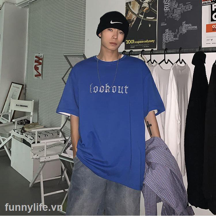 2021European and American fashion brand t-shirts, trendy male high street letters Hot drilling Hong Kong style oversize short-sleeved men s hiphop street top