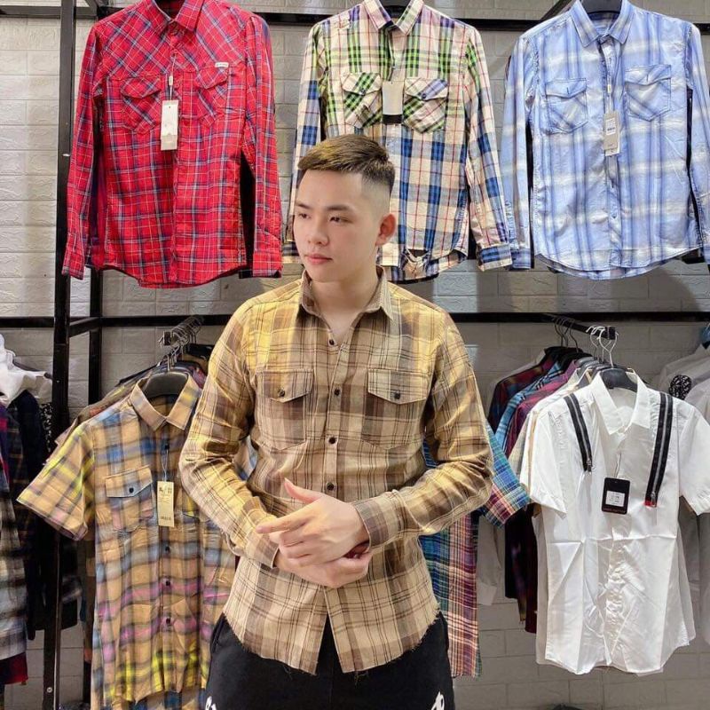Áo sơ mi nam bbr dài tay kẻ sọc caro rách gấu , chất liệu cotton không phai màu không nhăn