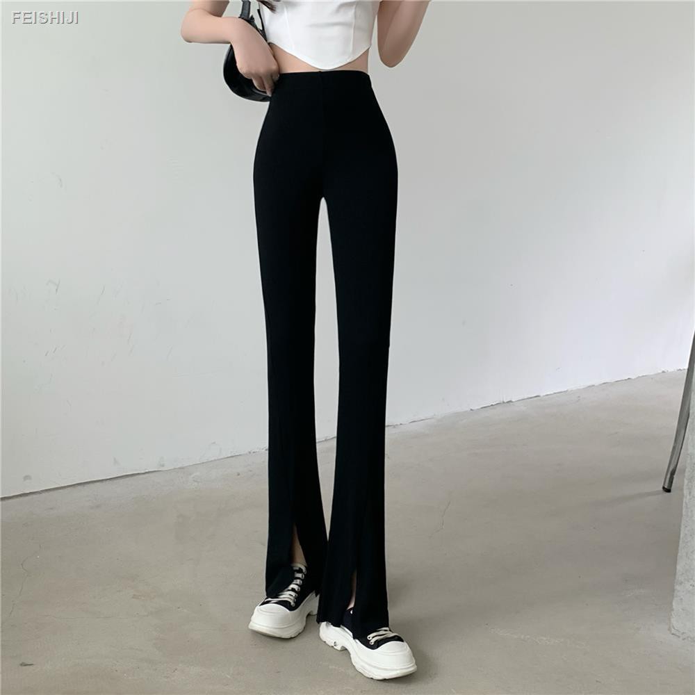 ◑2021 summer new style fashion all-match high waist drape front slit micro flared thin wide-leg trousers women s trend