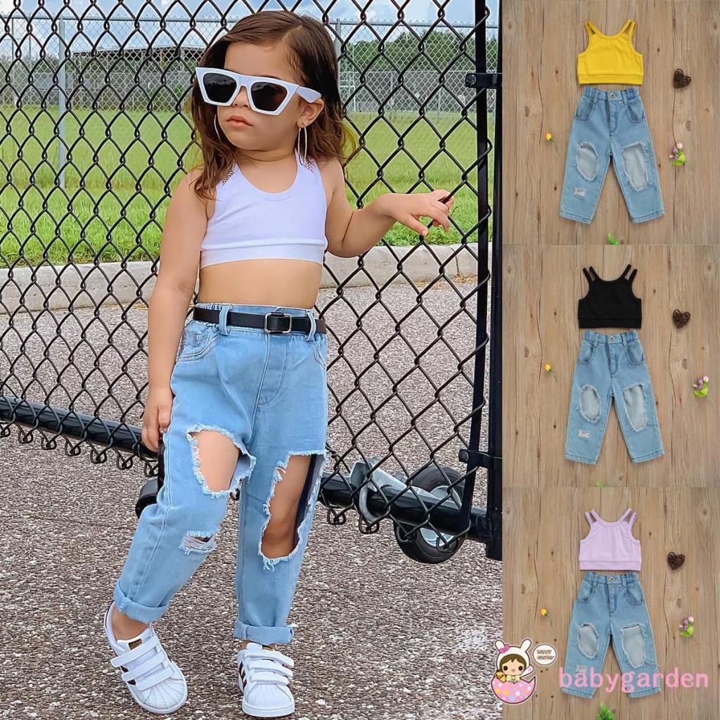 Set Áo hai dây + Quần Jeans Lưng Cao Thời Trang Mùa Hè Cho Bé Gái 1-7 Tuổi