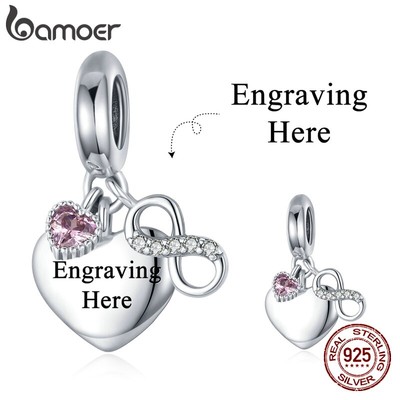 Mặt dây chuyền Bamoer SCC1922 bạc 925 có họa tiết chữ trên trái tim trang trí dây chuyền thủ công thời trang