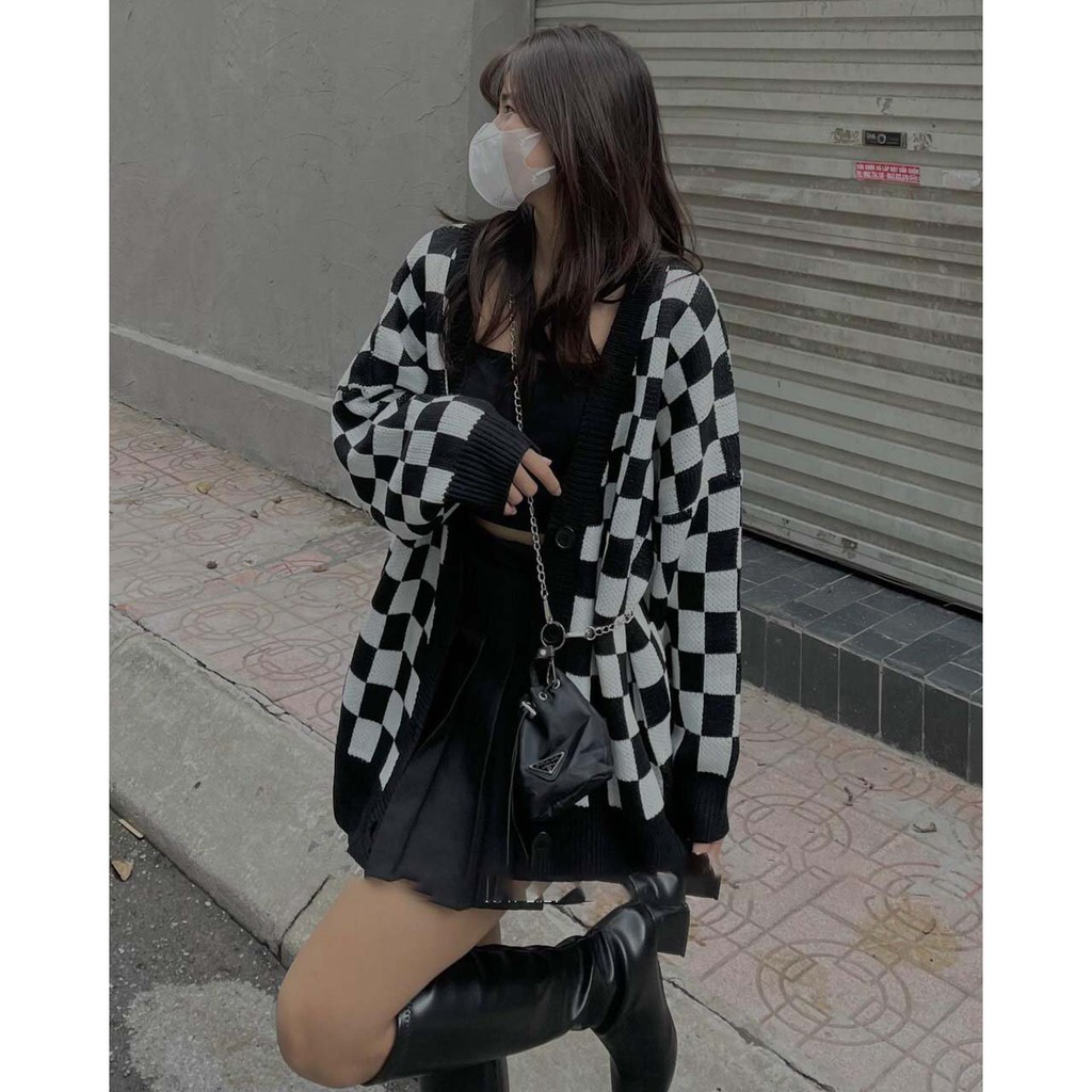 Áo cardigan - áo gile họa tiết caro phong cách hàn quốc chất vải len đan