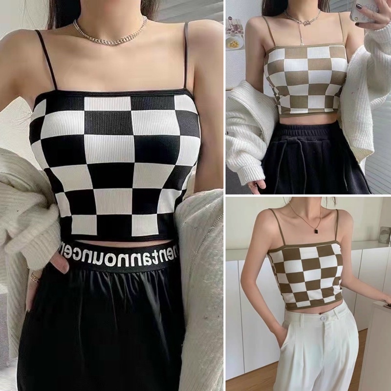 Áo len tăm 2 dây caro có đệm ngực