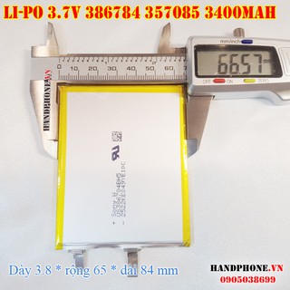 Pin Li-Po 3.7V 3400mAh 386784 387085 (Lithium Polymer) siêu mỏng cho điện thoại, định vị GPS, Loa Bluetooth
