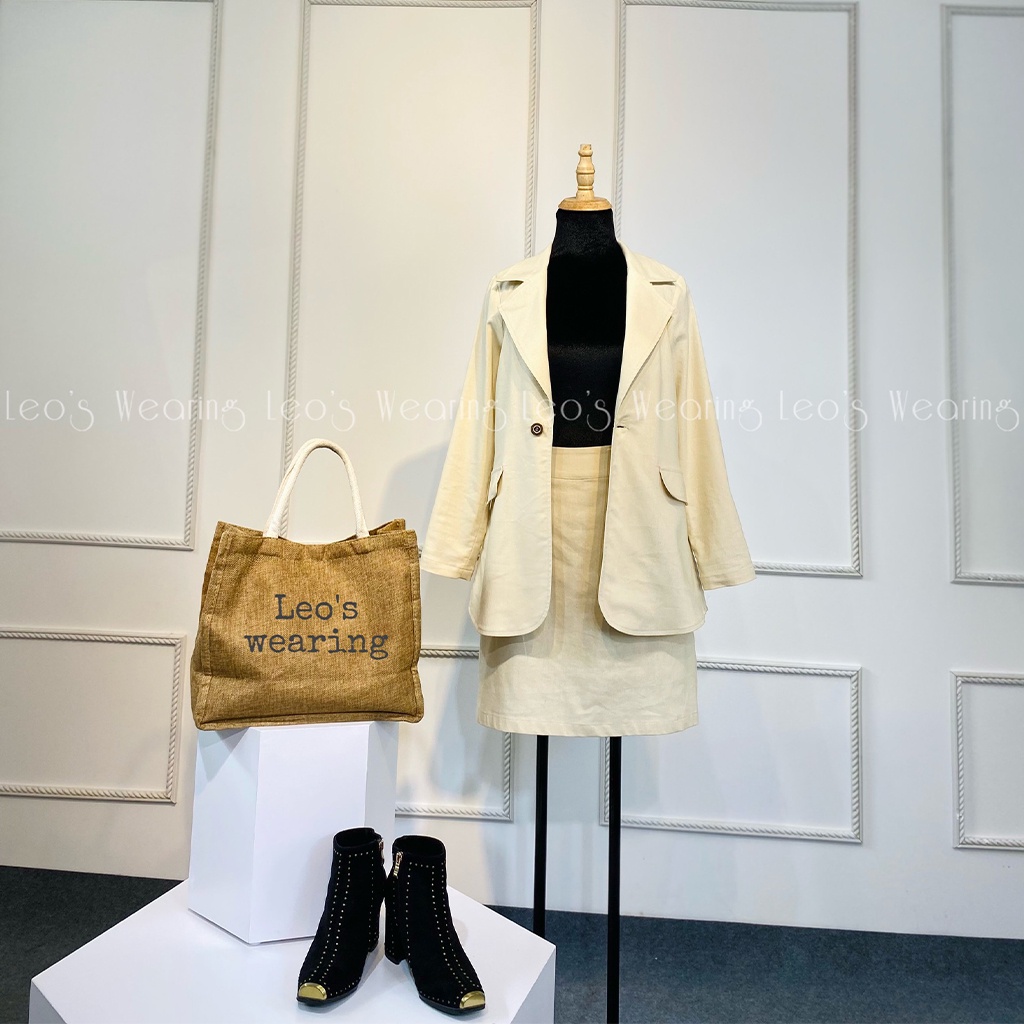 Set vest váy LEOSWEARING chân váy chữ A có túi mix áo blazer tay dài hàn quốc linen bột sang chảnh E94 H48