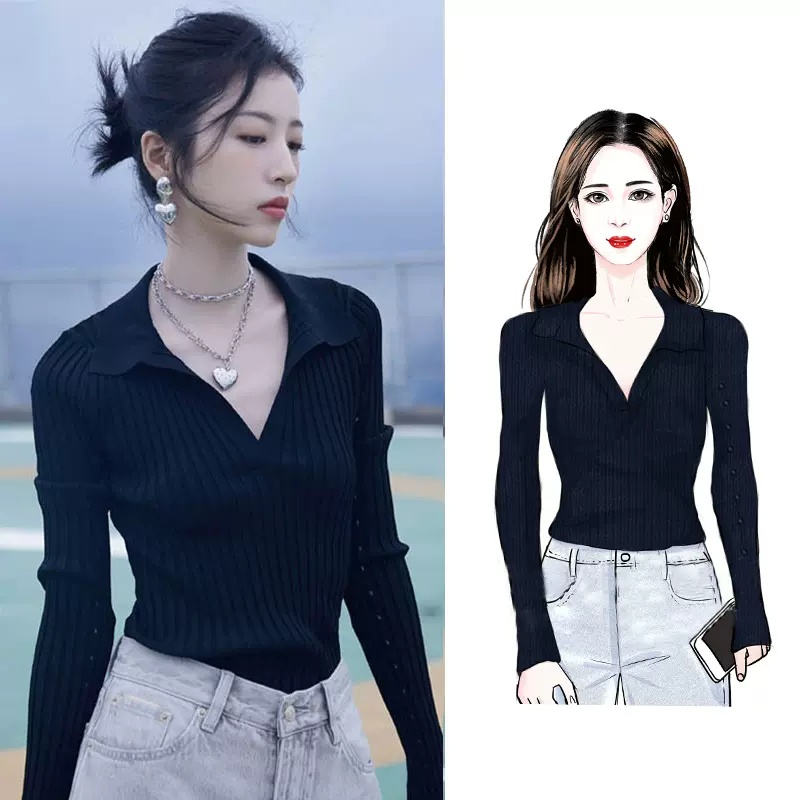 Áo kiểu ZHELIHANGFEI dệt kim tay dài cổ chữ V ôm dáng vừa vặn thời trang dành cho nữ