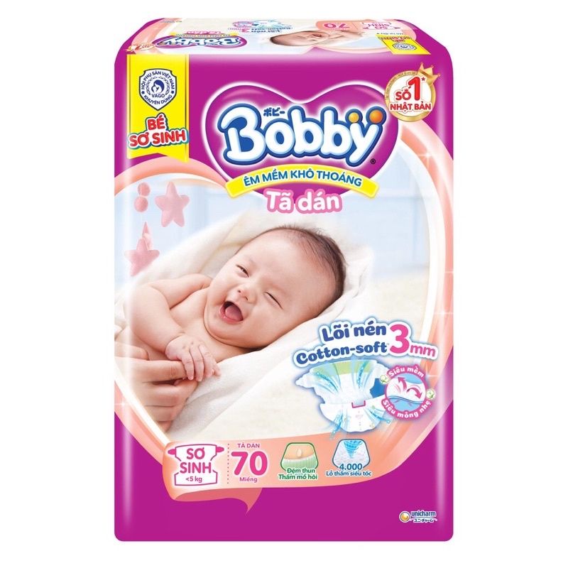 Tã dán sơ sinh Bobby Xs70 cho bé dưới 5kg