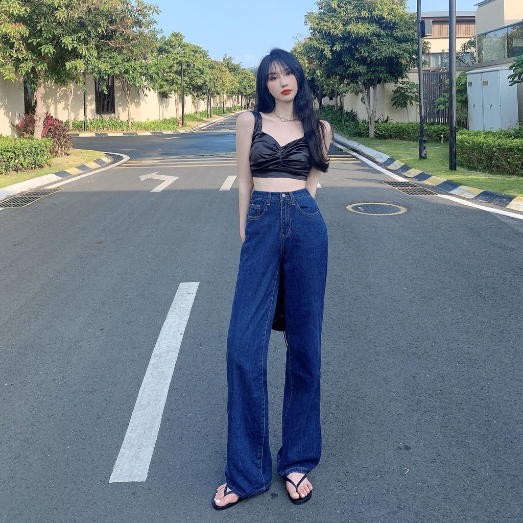 Daduhey Quần jean denim ống rộng lưng cao xinh xắn cho nữ