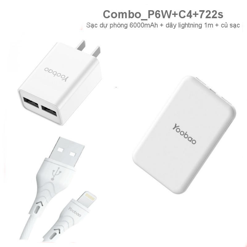 Combo sạc dự phòng 6000mAh và củ sạc 2 cổng USB, dây sạc lightning 1m YOOBAO - CBO P6W C4 722s