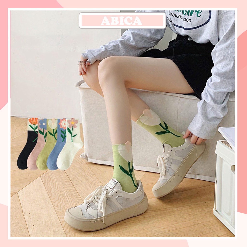 Tất vớ cổ cao nữ thêu hoa dễ thương phong cách vintage nhẹ nhàng xinh xắn thời trang Nhật Hàn dễ phối đồ ABICA TD048