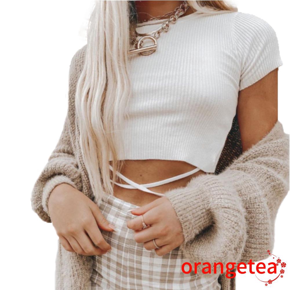 Áo Croptop Dệt Kim Tay Ngắn Thiết Kế Dây Đan Chéo Quyến Rũ