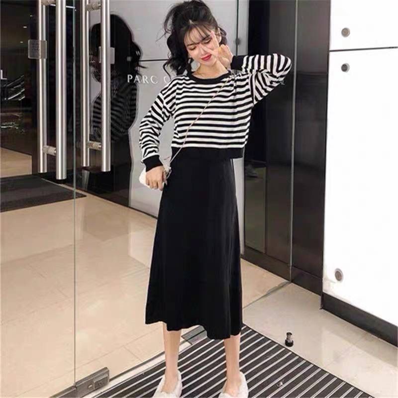Đầm Dệt Kim Dáng Dài 2 Trong 1 Họa Tiết Kẻ Sọc Thời Trang Cao Cấp Cho Nữ
