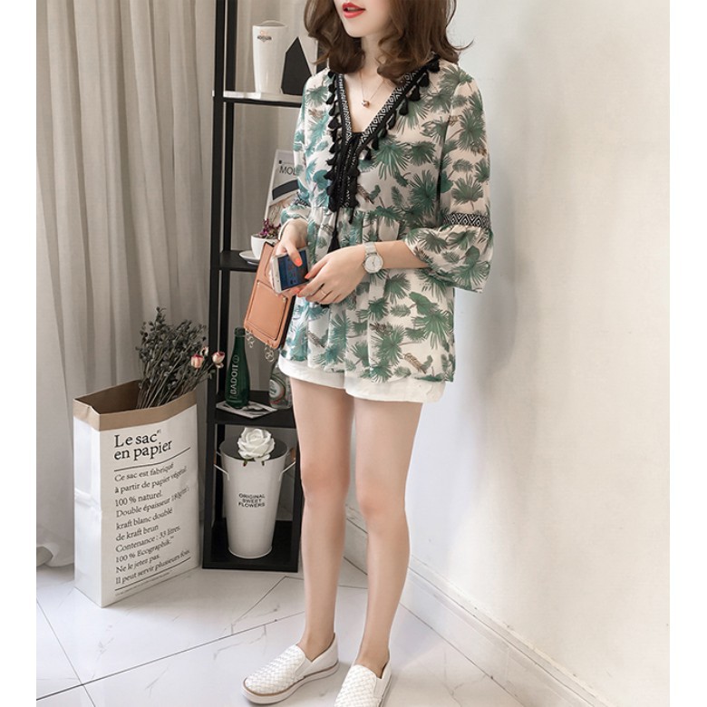 SUXI Áo sơ mi voan cổ V viền núm tua họa tiết hoa thanh lịch cho nữ