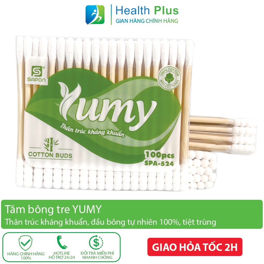 Tăm bông ngoáy tai gỗ Yumy kháng khuẩn 100%, đầu bông tự nhiên, 1 đầu xoắn 1 đầu tròn 100 que