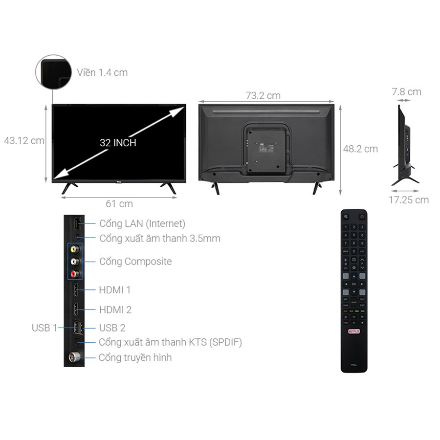 Smart Tivi TCL 32 inch HD L32S6300 Wifi, Youtube, Netflix, Tivi Giá Rẻ - Bảo Hành 3 Năm