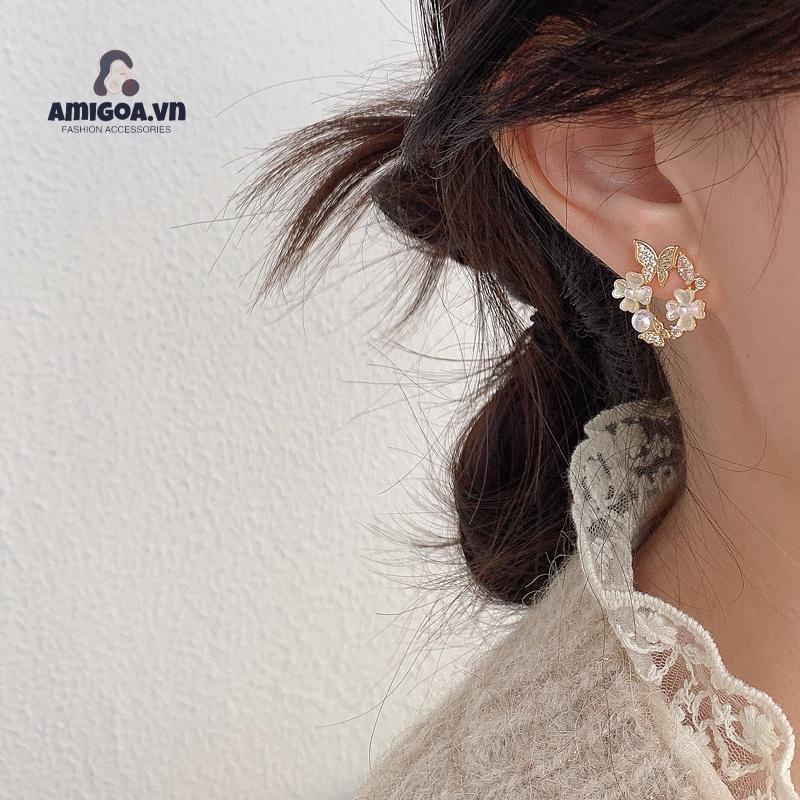 ✨✨Bông tai mạ bạc 925 hình hoa và bướm đính ngọc trai thời trang