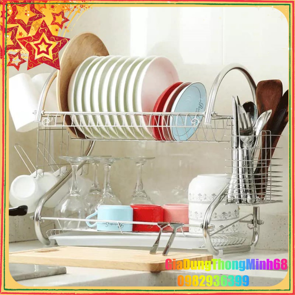 Giá Úp Bát Đĩa 2 Tầng Inox Có Khay Hứng Nước - Kệ Úp Chén Bát Đũa 2 Tầng Inox Có Ống Đựng Đũa - Đồ Dùng Nhà Bếp Tiện Lợi