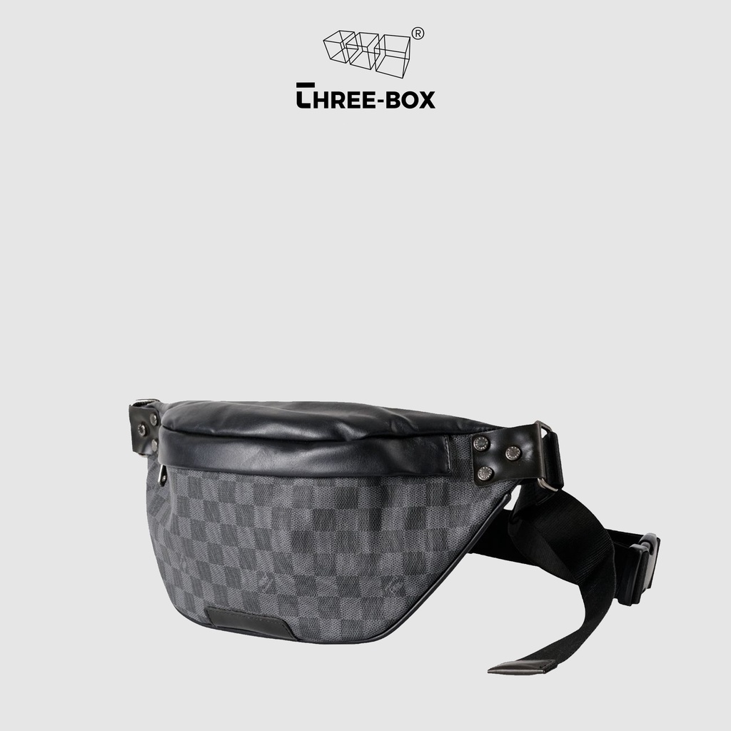 Túi bao tử crossbody THREE-BOX hoạ tiết Damier phối da Slippy - MS1377