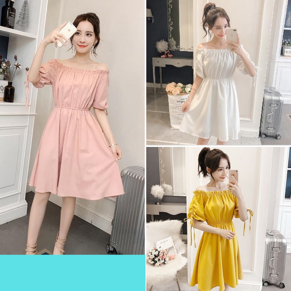 Đầm bẹt vai nữ, đâm bẹt vai nhún eo tay dây rút thời trang SKUD-34 1990clother