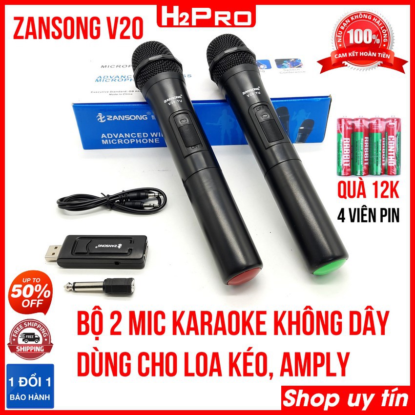 Bộ 2 Mic Karaoke không dây ZANSONG V20 H2Pro, micro không dây giá rẻ dùng cho loa kéo, amply ( tặng 4 viên pin 12K )