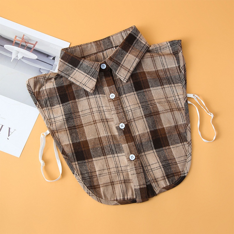 Áo Sơ Mi Giả Cổ Đứng In Họa Tiết Caro Cà Phê Phối Bèo Dễ Tháo Rời Thời Trang Cho Nữ