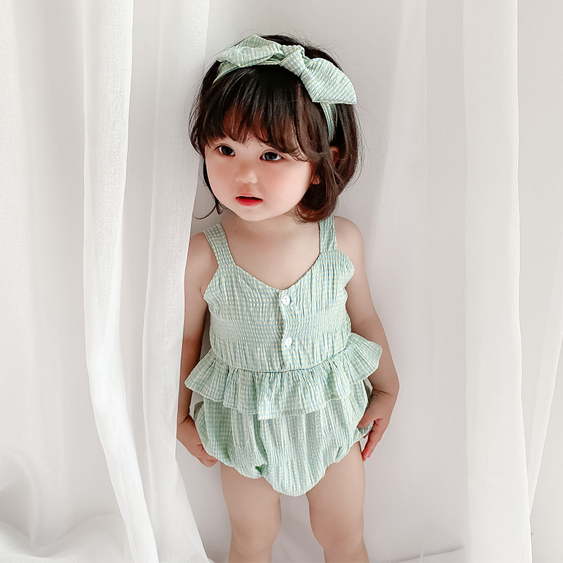 Set Áo Liền Quần Caro Kèm Băng Đô Xinh Xắn Cho Bé Gái