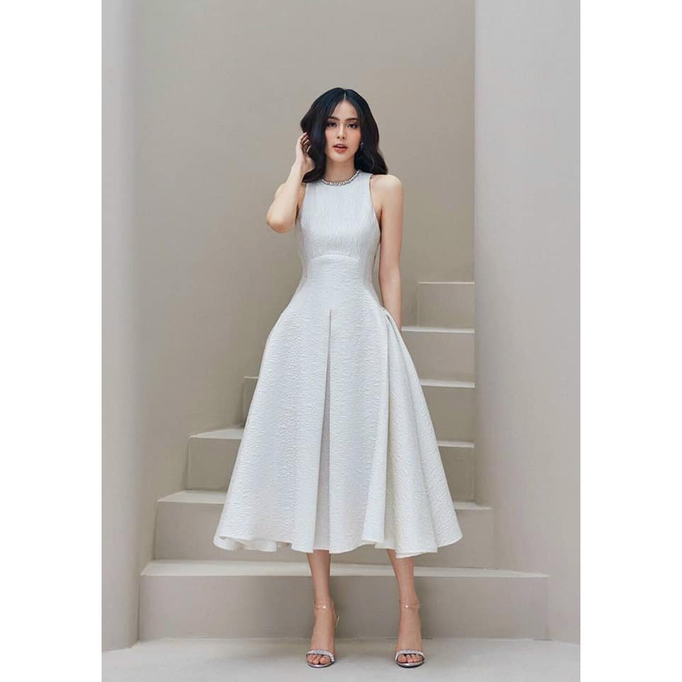 Đầm dự tiếc trắng xòe vải gấm cao cấp đính đá Rosa Dress