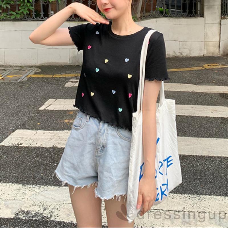 Áo Thun Nữ Tay Ngắn Cổ Tròn Họa Tiết Thêu Đơn Giản | BigBuy360 - bigbuy360.vn