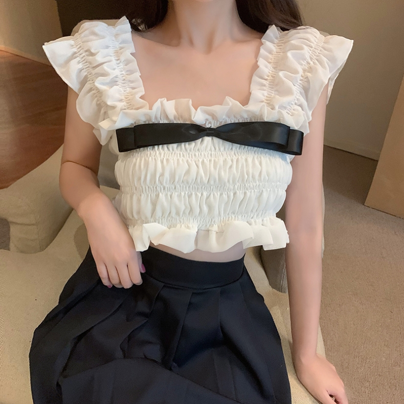 Summer French Bow Sleeveless Top Short Pleated Women's Suspender Crop Top