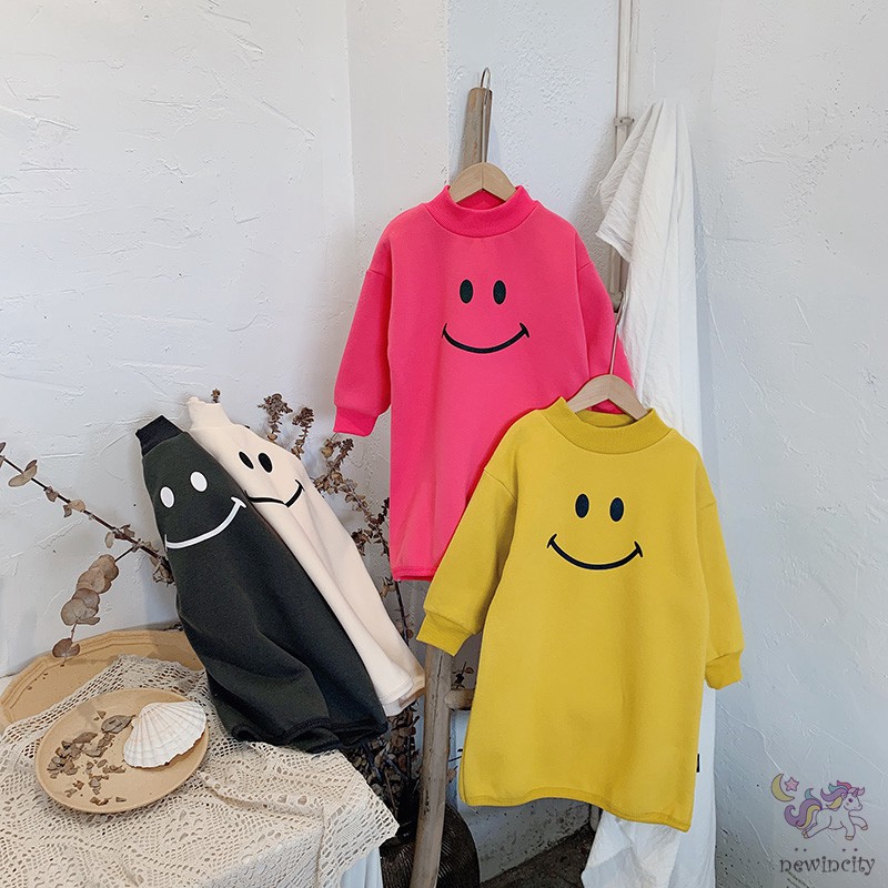 Đầm Thun Dài Tay In Họa Tiết Mặt Cười Cho Bé