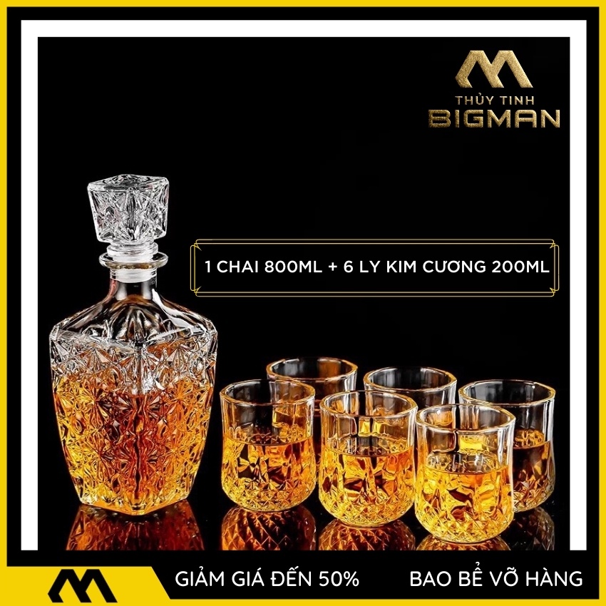 Bộ chai và ly rượu gồm 1 vỏ chai rượu ngoại 800ml và 6 ly tròn kim cương 200ml thủy tinh cao cấp - BIGMANSTORE