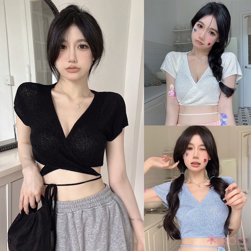 Áo Croptop Dệt Kim Tay Ngắn Cổ Chữ V Cột Dây Phong Cách Hàn Quốc Thời Trang Mùa Hè Cho Nữ