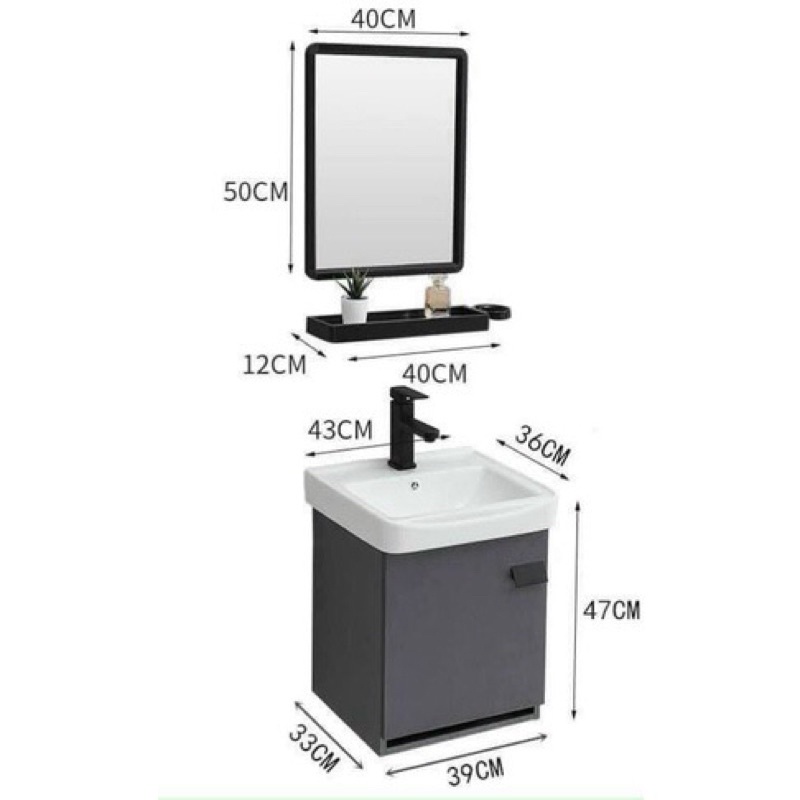 Combo tủ chậu lavabo rửa mặt (lavabo sứ, tủ, gương và kệ gương 43x36)