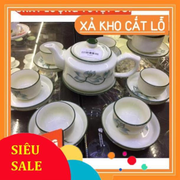 [SALE] [CAO CẤP] Giá hủy diệt -  Bộ ấm chén vẽ hoa sen xanh kẻ chỉ Bát Tràng