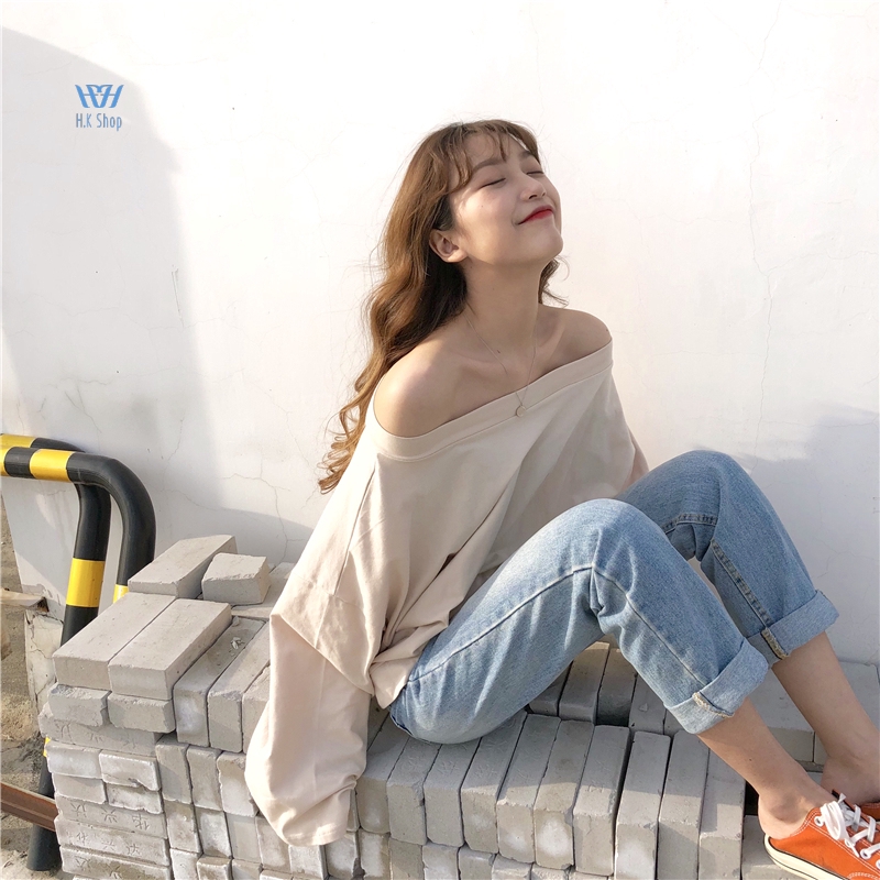 Áo trễ vai màu trơn kiểu dáng đơn giản hợp thời trang