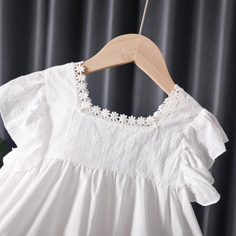 Áo Thun Cotton Cổ Tròn Viền Ren Màu Trơn Thời Trang Cho Bé Gái