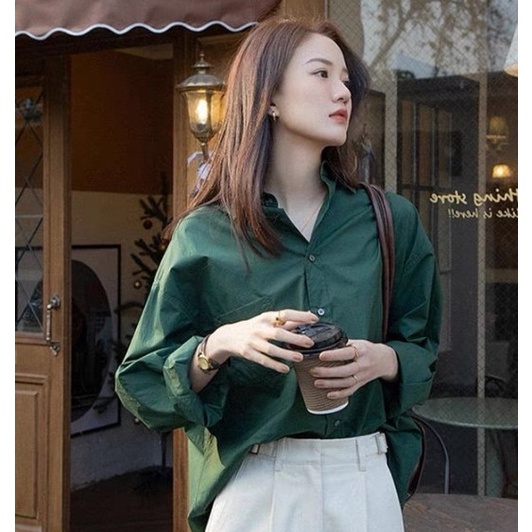 Áo sơ mi dài tay cổ đức màu xanh rêu dáng rộng phong cách cổ điển Mái Việt Nam_A7016