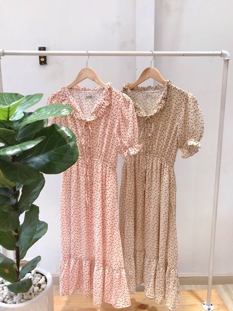 ĐẦM CHẤM BI 2 màu viền bèo 2 lớp xd