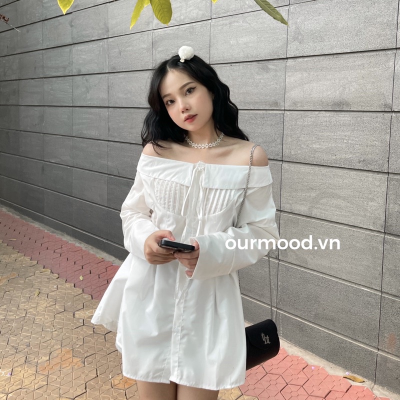 (CÓ SẴN) Đầm sơ mi trễ vai