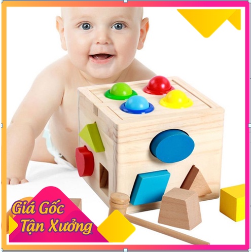 Đồ chơi gỗ montessori, hộp thả hình đập bóng hình khối và màu sắc cho bé kích thích tư duy sáng tạo