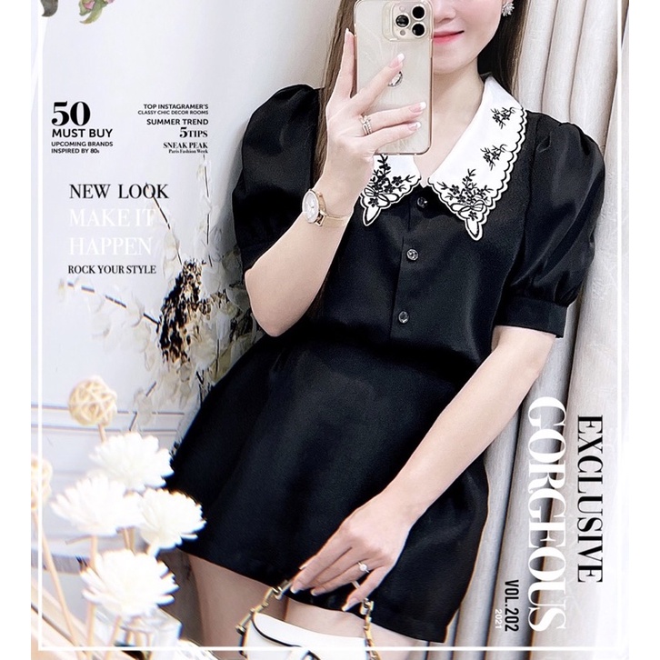 Mẫu mới G489 áo sơ mi cổ hoa cách điệu chất lụa mặc rất mát dày dặn - GEM Fashion