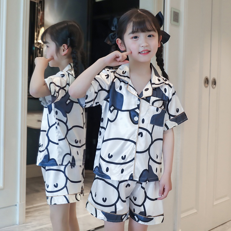 Bộ Đồ Ngủ Pijama Vải Lụa In Hình Bò Sữa Đáng Yêu Cho Bé