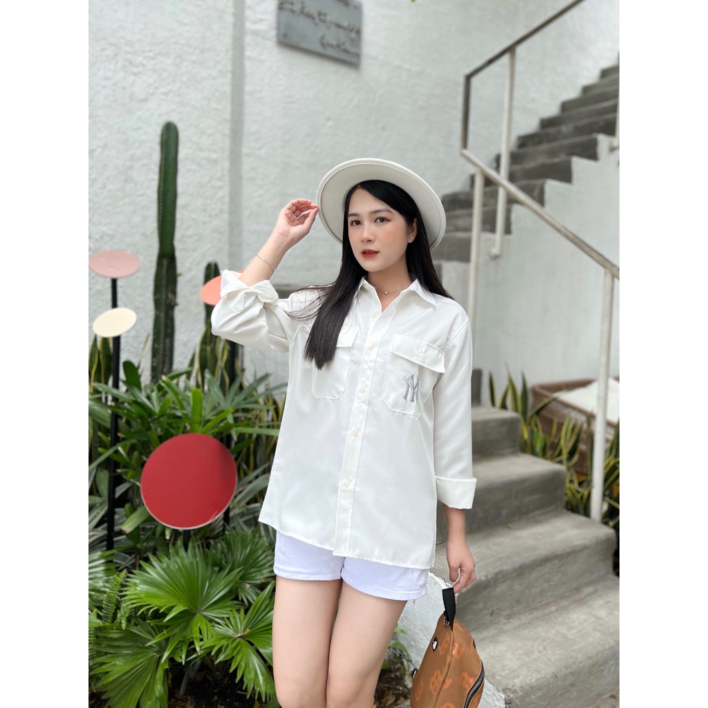 Áo Sơ Mi Tay Dài Thêu Hoạ Tiết MLB Phong Cách Thời Trang Đường Phố form oversize